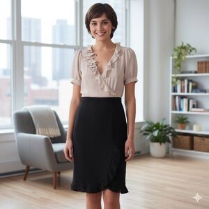 Rebecca Taylor Wool Silk Dress Size 2 Beige Black Ruffle Short Sleeve V Neck